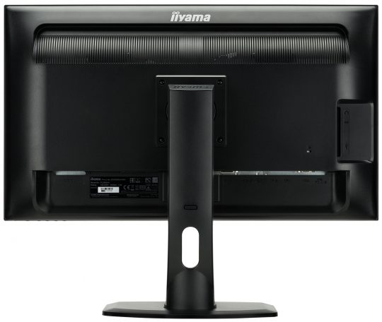 Rückansicht des iiyama ProLite B2888UHSU-B1, ein schwarzer 28 Zoll LED 4K Monitor, mit stabilem Standfuß, sichtbaren Anschlüssen und Lüftungsschlitzen oben; das iiyama-Logo ist erkennbar. Perfekt zum Mieten für Büro oder Zuhause.