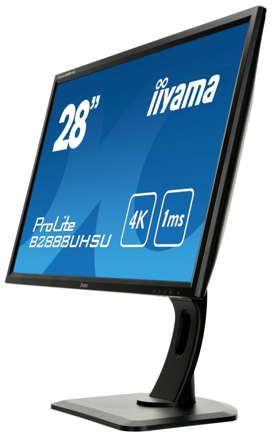 Seitliche Ansicht des 28 Zoll 4K LED Monitors iiyama ProLite B2888UHSU-B1, mit sichtbaren "4K" und "1ms" Angaben vor blauem Hintergrund - idealer Miet-Monitor für gestochen scharfe Bildqualität.