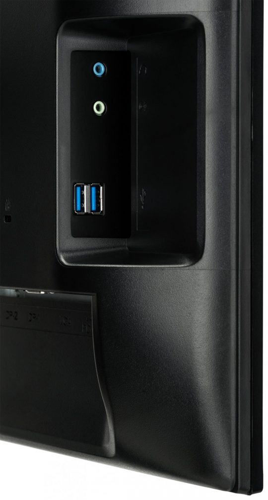 Nahaufnahme der linken Seitenblende des iiyama ProLite B2888UHSU-B1 28 Zoll 4K LED Displays, erkennbar sind zwei USB 3.0 Anschlüsse, ein Kopfhöreranschluss und ein Mikrofoneingang in einer mattschwarzen Aussparung - optimal zum Mieten für professionelle Anwendungen.