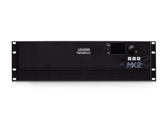 Lightware MX2 Matrix Switcher, schwarze, rack-montierbare AV-Umschaltmatrix mit Bedienknöpfen, Display und Lüftungsschlitzen auf der Front - ideal zum Kaufen oder Mieten für professionelle Audio-Video-Lösungen.