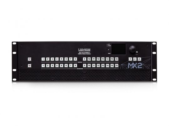 Lightware MX2 digitaler Matrix Switch, schwarz, für AV-Systeme: Das Produktbild zeigt ein rechteckiges Rackmount-Gerät mit mehreren beschrifteten Tasten, USB-Anschlüssen, einem Display und Drehregler auf der Frontseite. Ideal zum Mieten oder Kaufen für professionelle Audio-Video-Anwendungen.