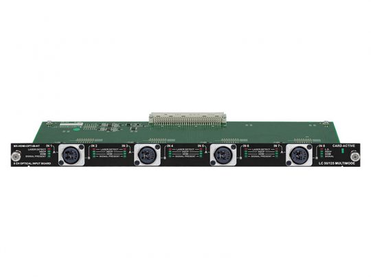 Grünes optisches Eingangsmodul "Optical Input Board" mit fünf XLR-Lichtwellenleiteranschlüssen (IN 1 bis IN 5), jeweils mit LED-Anzeige, sowie Anschlussleiste am oberen Rand zur Installation in größeren Geräten - jetzt kaufen oder mieten.