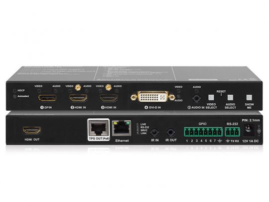 Zwei schwarze AV-Extender (Sender und Empfänger) mit HDMI, DVI, Ethernet-Anschluss, Audio-Buchsen, RS-232-, GPIO-Terminals und Netzteilbuchse. Jede Einheit zeigt beschriftete Anschlüsse sowie Steuerknöpfe auf der Vorderseite. Perfekt geeignet für professionelle Audio/Video-Übertragung, flexibel nutzbar zum Kaufen oder Mieten.