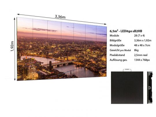 LEDitgo sB2HB LED Wand 3,36m x 1,92m - moderne, großformatige LED-Videowand mit 28 Modulen (je 48x48x7 cm), feinem 2,5mm Pixelabstand und einer Gesamtauflösung von 1344x768 Pixeln. Perfekt geeignet für gestochen scharfe Bilddarstellung bei Veranstaltungen; ideal zum Mieten.