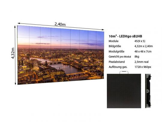 Produktbild der LEDitgo sB2HB LED Wand (4,32m x 2,40m, 2.5mm Pixel Pitch): Die großformatige LED-Wand mit 45 Modulen zeigt eine detailreiche City-Szenerie bei Dämmerung. Daneben sind technische Daten wie Gewicht und Auflösung zu sehen. Ideal für den Mietgebrauch auf Events oder Präsentationen.