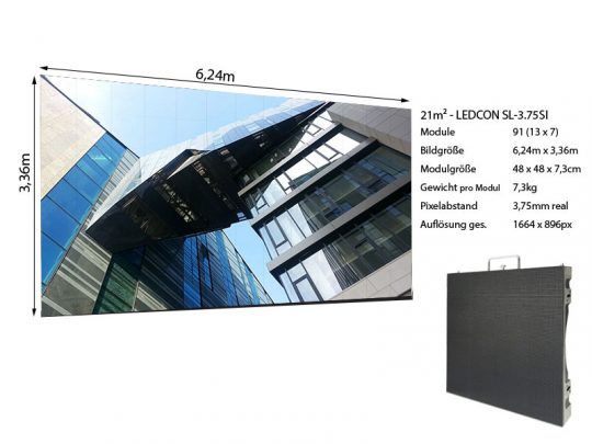 LED Wand 6.24m x 3.36m - 3.75mm LEDCON SL-3.75SI, zeigt ein großes LED-Display mit der Abbildung eines modernen Gebäudes; rechts daneben sind technische Daten wie Maße, Auflösung und Gewicht eingeblendet - ideal als Miet- oder Kaufoption für beeindruckende Präsentationen und Events geeignet.