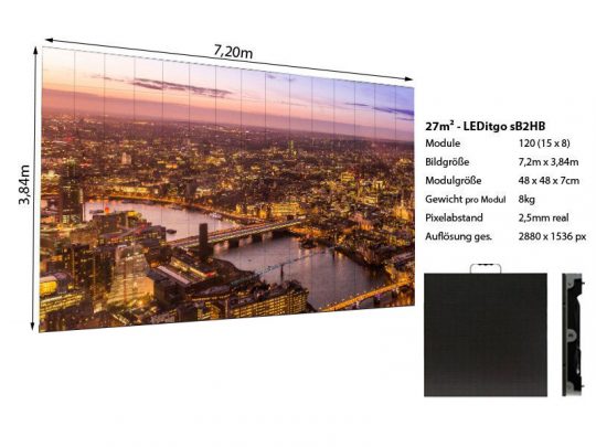 Produktbild der LEDitgo sB2HB LED Wand mit den Maßen 7,20 x 3,84 Metern zur Miete: Die moderne Videowand besteht aus insgesamt 120 Modulen (je 8 kg), bietet eine starke Auflösung von 2880 x 1536 Pixeln und einen feinen Pixel Pitch von nur 2,5 mm. Perfekt geeignet für gestochen scharfe Cityscape-Darstellungen im Großformat - ideal für Events und Präsentationen. Jetzt die hochwertige LED Wand mieten oder kaufen!.