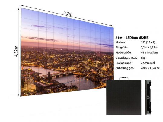 Die LEDitgo sB2HB LED Wand (7,20m x 4,32m) mit 2,5mm Pixel Pitch zeigt auf dem Produktbild eine scharfe Stadtansicht bei Dämmerung. Die große Videowand besteht aus 135 Modulen à 8kg und bietet eine hohe Auflösung von 2880 x 1728 Pixeln - perfekt zum Mieten oder Kaufen für eindrucksvolle Indoor-Events oder Präsentationen.