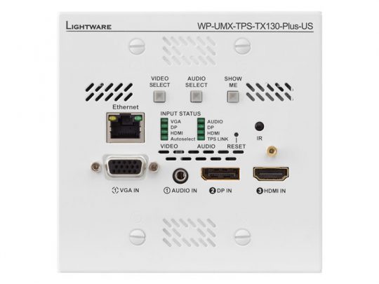 Frontansicht des Lightware WP-UMX-TPS-TX130-Plus-US Wandpanels, ideal zum Mieten oder Kaufen; zu sehen sind mehrere Eingänge wie VGA, HDMI, DisplayPort, Ethernet, Audioanschlüsse sowie Bedientasten und Statusanzeigen - optimal für professionelle AV-Verbindungen.
