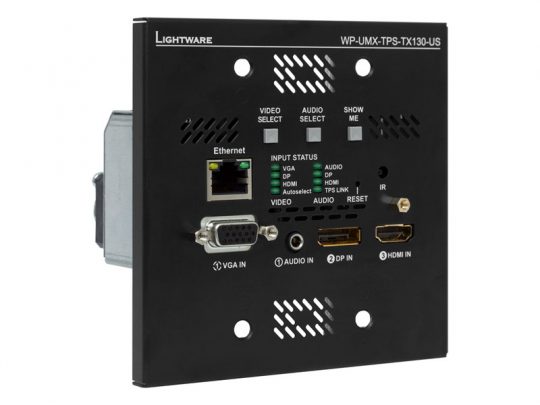 Lightware WP-UMX-TPS-TX130-US Wandanschlussfeld in Schwarz mit Anschlüssen für VGA, Audio, HDMI, Ethernet und DisplayPort; deutlich beschriftete Eingangsanzeigen und Auswahltasten - ideal zum Kaufen oder Mieten für professionelle AV-Installationen.
