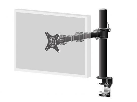 Schwarzer, flexibler Monitorarm mit mehreren Gelenken (Modell: Articulating Monitor Arm) ist am Rand eines Schreibtischs montiert und hält einen Flachbildschirm in verstellbarer Position - ideal zum Mieten oder Kaufen für ergonomische, flexible Arbeitsplätze.