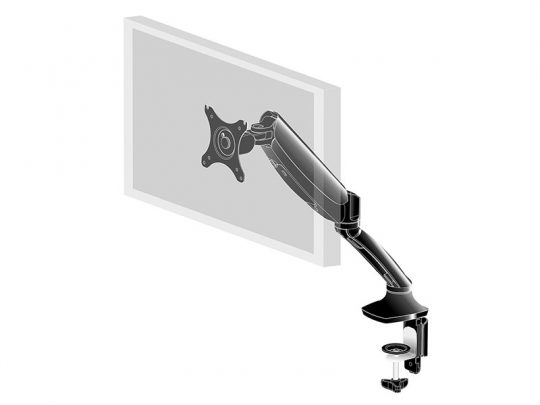 Schwarzer, verstellbarer Monitorarm (mit VESA-Halterung) ist an einer Tischkante befestigt und hält einen Flachbildschirm; der Monitorarm hat mehrere Gelenke zur flexiblen Ausrichtung-ideal zum Kaufen oder Mieten.