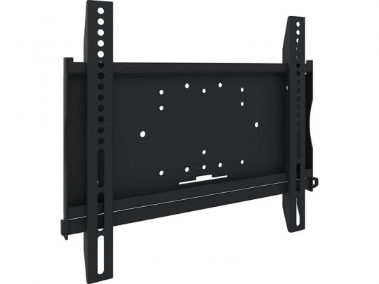 Schwarze TV-Wandhalterung für Flachbildfernseher mit mehreren Befestigungslöchern und vertikalen Seitenträgern, ideal zum Kauf oder zur Miete.