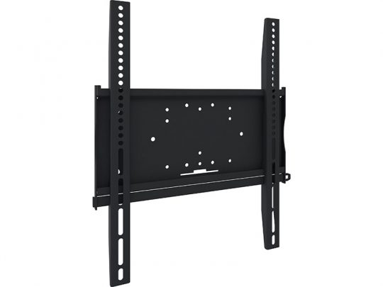 Schwarze TV-Wandhalterung mit verstellbaren vertikalen und horizontalen Schlitzen für Flachbildfernseher, abgebildet vor weißem Hintergrund. Ideale Halterung für sichere Wandmontage - zum Kaufen oder Mieten erhältlich.
