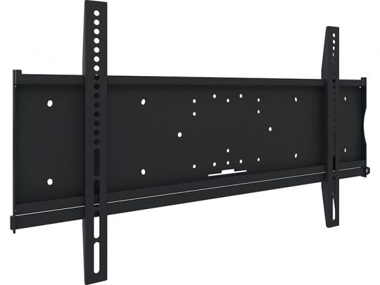 Schwarze, wandmontierte TV-Halterung mit vertikalen und horizontalen Streben sowie mehreren Lochreihen zur flexiblen Befestigung; robustes, schlichtes Design zum sicheren Anbringen von Flachbildfernsehern - optimal für Kauf oder Miete.