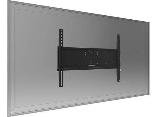 Rückansicht eines Flachbildfernsehers auf einer schwarzen Wandhalterung; der stabile Metallhalter ist sicher am Fernseher befestigt - ideal zum Kaufen oder Mieten für Wohnzimmer oder Büro.
