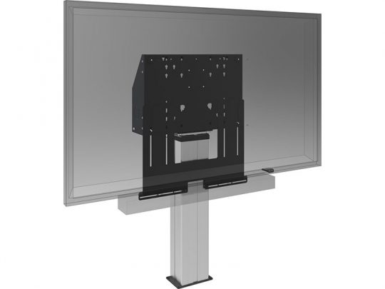 Rückansicht eines großen Flachbildmonitors, montiert an einem stabilen vertikalen Metallstandfuß mit schwarzer, verstellbarer Halterung - ideal zum Kaufen oder Mieten für Events oder Präsentationen.