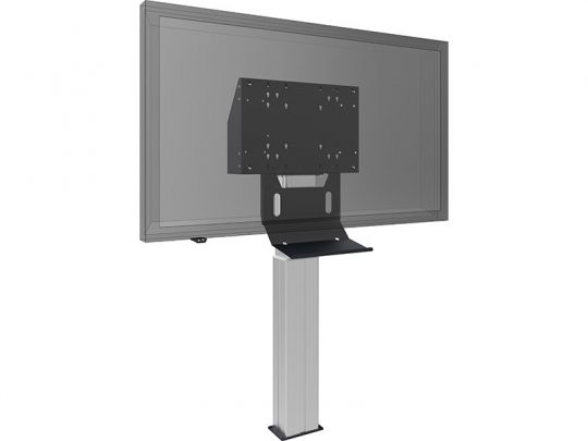 3D-Rendering eines modernen Flachbild-Monitors auf einem höhenverstellbaren Standfuß mit rechteckiger Basis und schwarzer Halterung. Der silberne Standfuß und der graue Bildschirm eignen sich ideal für alle, die einen Monitor kaufen oder mieten möchten.