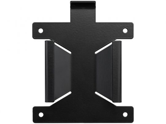 Schwarze Wandhalterung aus Metall mit kreuzförmigem Design, vier Schraublöchern und zwei seitlichen Haltegriffen - ideal zum Befestigen kleiner Geräte oder Boxen an der Wand. Jetzt bequem kaufen oder flexibel mieten!.