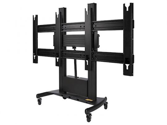 Mobiler TV-Ständer in Schwarz mit höhenverstellbaren Halterungen und vier Rollen, geeignet für mehrere Flachbildschirme oder ein großes Display - ideal zum Kaufen oder Mieten.