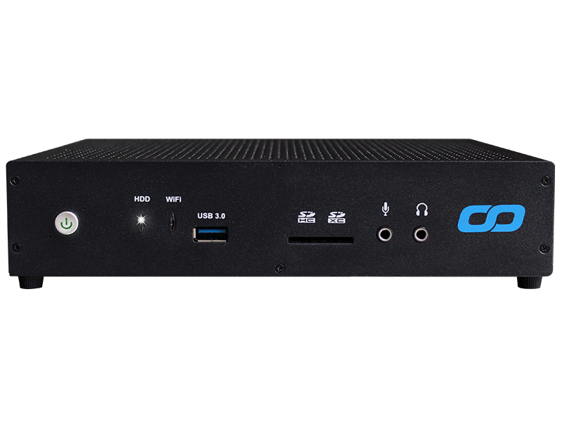 Schwarzer Mini Desktop Computer mit Power-Button, HDD- und WLAN-Anzeigeleuchten, USB 3.0-Port, SD-Kartensteckplätzen und Audioanschlüssen; rechte Seite mit blauem Logo - ideal zum Mieten oder Kaufen als leistungsstarker Mini-PC.