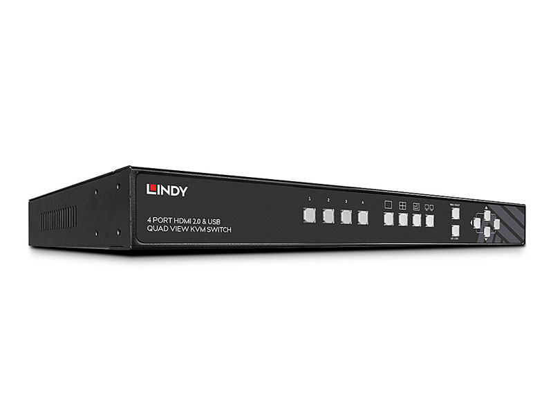 Lindy 4 Port HDMI 2.0 & USB Quad View KVM Switch in Schwarz, schräg von vorne und links fotografiert; das Gerät zeigt mehrere Tasten und Anzeigeleuchten auf der Frontseite - ideal für den gleichzeitigen Anschluss und die Steuerung von bis zu vier Computern über HDMI und USB, verfügbar zum Kaufen oder Mieten.