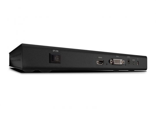 Rückansicht des schwarzen Media Players "FlexStream Pro" mit On/Off-Schalter, HDMI-, DVI-, USB 2.0-Anschluss, SD-Karten-Steckplatz und Netzteil-Eingang - vielseitiges Gerät zum Kaufen oder Mieten für flexible Anwendungen.