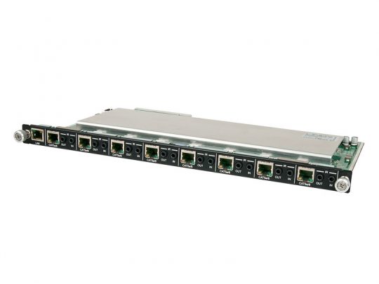 Netzwerk-Switch-Modul mit mehreren Ethernet-Ports (LAN, OUT, CAT-6M und CAT-6IN) auf einer Metallplatine; ideal für professionelle Netzwerkinfrastruktur, als Miet- oder Kaufprodukt erhältlich.