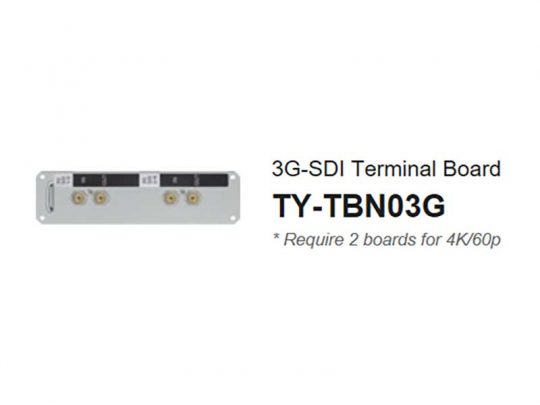 Produktbild des 3G-SDI-Terminal-Boards TY-TBN03G mit zwei SDI-Anschlüssen. Das Board ist zur Videoübertragung geeignet; für 4K/60p-Unterstützung werden zwei Boards benötigt. Das TY-TBN03G SDI-Board kann gemietet oder gekauft werden.