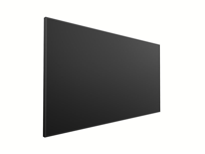 Moderner, großer Flachbildfernseher mit schwarzem Bildschirm, schmalem Rahmen und Standfuß, schräg von vorne vor weißem Hintergrund fotografiert - ideal als TV oder Monitor zum Mieten oder Kaufen für Wohnzimmer oder Büro.