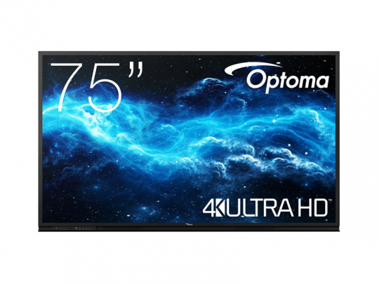 75 Zoll UHD Multi Touch Display Optoma 3752RK (Neuware) zeigt auf dem Bildschirm eine lebendige blaue und weiße kosmische Szene mit den Schriftzügen "75", "Optoma" und "4K Ultra HD" - modernes, hochauflösendes Display, ideal für Präsentationen oder Konferenzräume.