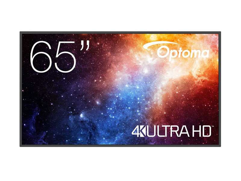 65 Zoll UHD Display Optoma N3651K, Neuware, zeigt eine bunte Galaxie auf dem Bildschirm mit den Schriftzügen "65", "Optoma" und "4K ULTRA HD" - ideal zum Kaufen oder Mieten.