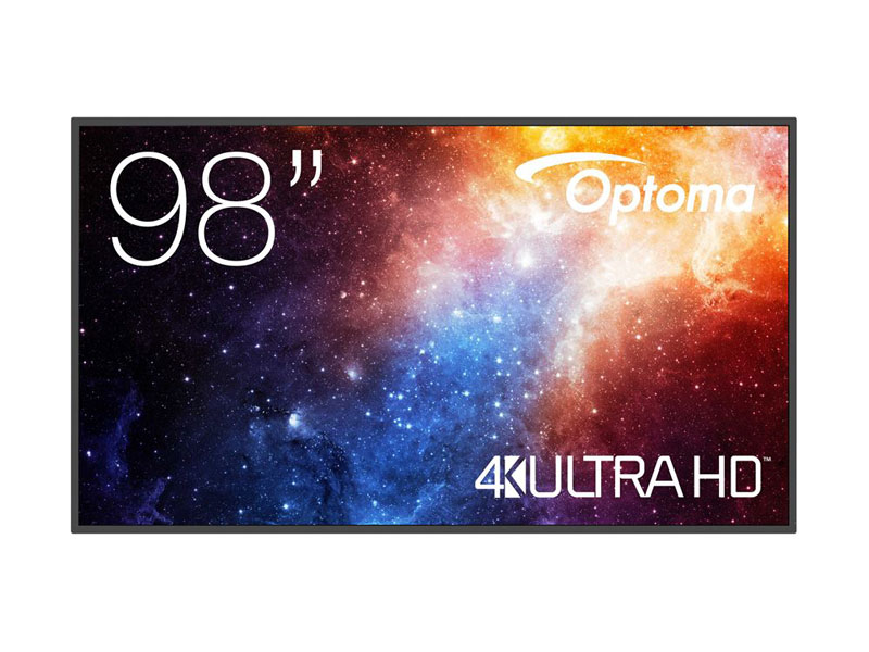 98 Zoll UHD Display Optoma N3981K als Neuware, aufgestellt mit leuchtend buntem Galaxie-Motiv auf dem Bildschirm und sichtbarer Marken- sowie Größenangabe - ideal zum Mieten oder Kaufen.