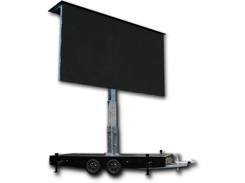 LED Trailer Cabrio 23m² (6,40m x 3,60m) mit großer V:LED VSF6 LED-Leinwand auf zweiachsigem Anhänger mit Stützfüßen, ideal zum Kauf oder zur Miete (gebraucht), freigestellt vor weißem Hintergrund.
