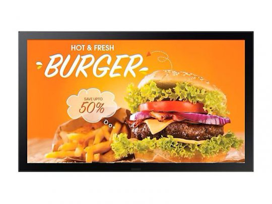 Digitale Werbetafel mit einem appetitlichen Burger belegt mit Salat, Tomate, Käse und Zwiebel neben Pommes Frites auf orangem Hintergrund. Die Tafel zeigt den Text "Hot & Fresh Burger, Sparen Sie bis zu 50%". Die digitale Werbetafel ist zur Miete oder zum Kauf verfügbar. Ideal für Restaurants und Imbisse, die aufmerksamkeitsstarke Werbung schalten möchten.