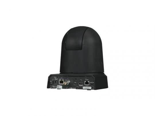 Die 4K PTZ-Kamera Panasonic AW-UE50KEJ in Schwarz vor weißem Hintergrund, Rückansicht mit sichtbaren Anschlüssen wie HDMI, LAN, USB sowie Audio In/Out - professionelle Kamera, ideal zum Mieten für hochwertige Videoaufnahmen und Livestreaming.