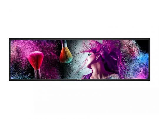 Breiter, rechteckiger Monitor - ideal zum Kaufen oder Mieten - präsentiert digitale Kunst: Eine Frau mit pinkem Haar, umgeben von buntem Puder und großen Make-up-Pinseln vor dunklem Hintergrund. Das brillante Display hebt die lebendigen Farben der Grafik hervor und eignet sich perfekt für kreative Präsentationen oder modernes Arbeiten.