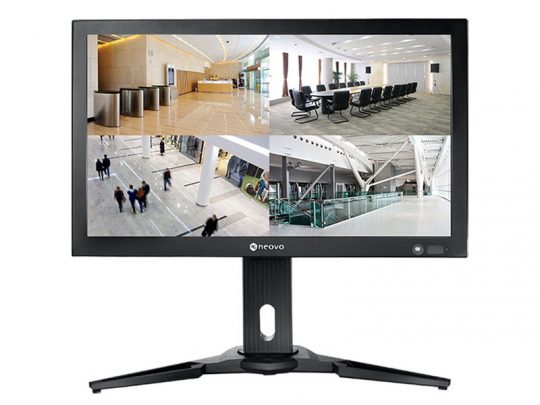 Computer-Monitor mit dem Produktnamen "Sicherheitslösungen 360°" zeigt vier Live-Überwachungsbilder: Lobby, Konferenzraum, Flur mit Personen und modernes Atrium-optimale Videoüberwachungslösung für Unternehmen zur Miete oder zum Kauf.