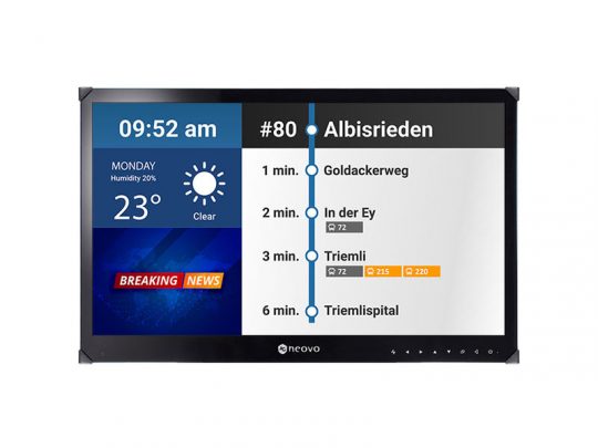 Digitales Anzeigedisplay mit ÖV-Fahrplan für Buslinie 80 nach Albisrieden, zeigt aktuelle Uhrzeit 09:52 Uhr, klares Wetter bei 23°C sowie nächste Haltestellen mit Ankunftszeiten zwischen 2 und 6 Minuten - praktisch für alle, die in der Umgebung kaufen oder mieten möchten.