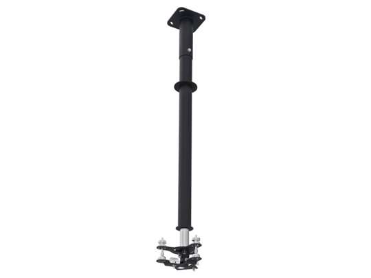Deckenmontierte verstellbare Projektorhalterung mit langem schwarzem Stab, oberer Montageplatte und verstellbaren Armen zur sicheren Befestigung eines Projektors - ideal zum Kaufen oder Mieten für Präsentationen oder Heimkino.
