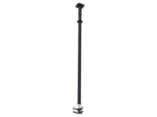 Schwarze, teleskopische Deckenhalterung - Deckenauslegerstange mit Halterungsbügel oben zur Befestigung an der Decke und Montagebasis unten, ideal zum Befestigen von Geräten; Produkt freigestellt auf weißem Hintergrund, geeignet zum Mieten oder Kaufen.