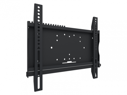 Schwarze TV-Wandhalterung aus Metall mit mehreren Löchern und Schlitzen zur flexiblen Befestigung, ideal für die Montage von Flachbildfernsehern. Das Wandhalterungs-Set wird vor weißem Hintergrund präsentiert - perfekt für alle, die eine stabile TV-Halterung kaufen oder mieten möchten.