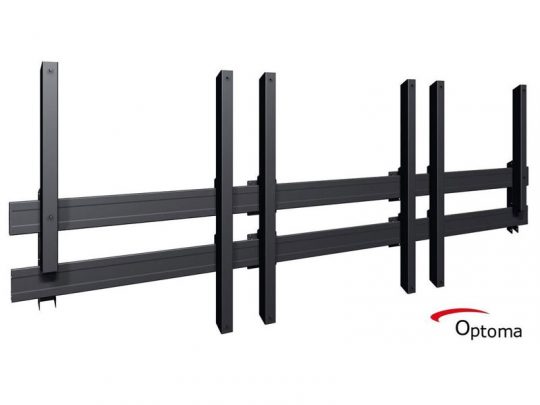 Optoma Wandhalterung in Schwarz für Flachbildschirme, mit mehreren horizontalen und vertikalen Streben zur sicheren Befestigung; das Optoma-Logo ist unten rechts sichtbar. Ideale Lösung zum Kaufen oder Mieten für die professionelle Displaymontage.