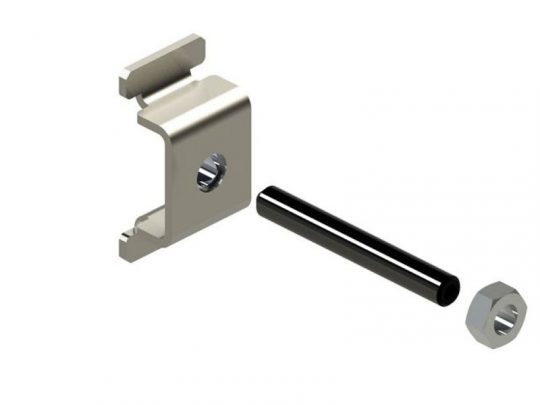Metallwinkel mit zentralem Gewindeloch, schwarzem zylindrischen Stab und sechskantiger Mutter auf weißem Hintergrund; Produkt zur Miete oder zum Kauf erhältlich.
