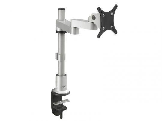 Höhenverstellbarer silberner Monitorarm mit schwarzer VESA-Halterung, am Schreibtischrand befestigt; ideal zur flexiblen Positionierung des Bildschirms - perfekt zum Kaufen oder Mieten für ergonomische Arbeitsplatzgestaltung.