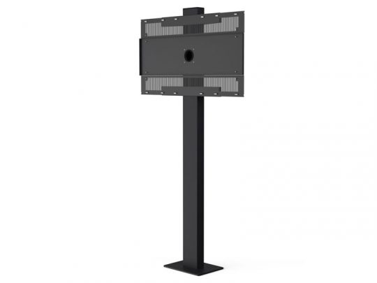 Schwarzer Metallständer mit rechteckiger Halterung und kreisförmiger Öffnung in der Mitte, ideal zum Halten oder Präsentieren von Objekten; Produktname: Universal Display Stand; hoher, stabiler Ständer vor weißem Hintergrund - perfekt zum Kaufen oder Mieten.