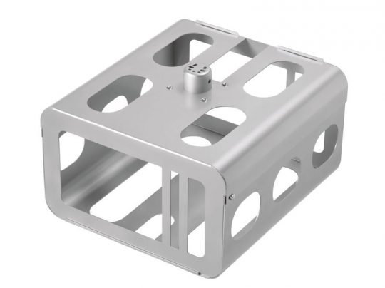 Rechteckige, silberne Metallhalterung mit mehreren Aussparungen und einer runden Befestigung oben - ideal zum Montieren von elektronischen oder mechanischen Komponenten, Produkt jetzt kaufen oder mieten.