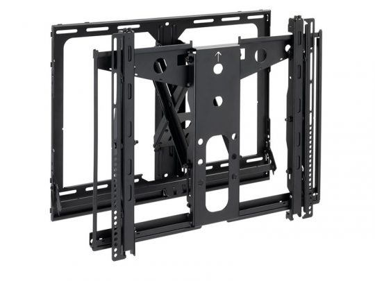 Schwarze TV-Wandhalterung aus Metall mit verstellbaren Armen und mehreren Schraublöchern, geeignet für Flachbildfernseher. Die Halterung verfügt über einen Pfeil zur Anzeige der aufrechten Position. Produkt kann gekauft oder gemietet werden.