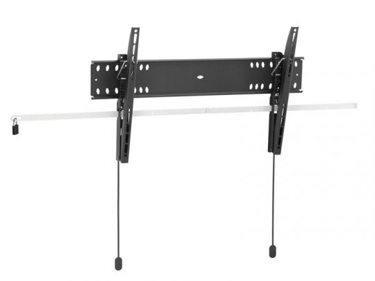 Schwarze TV-Wandhalterung aus Metall mit verstellbaren Armen, horizontaler Sicherungsstange und zwei Zugbändern - ideal zum sicheren Befestigen und Neigen von Flachbildfernsehern, perfekt zum Kaufen oder Mieten.