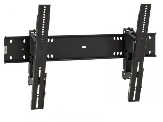 Schwarze, verstellbare TV-Wandhalterung für Flachbildfernseher, mit mehreren Befestigungslöchern und neigbaren Armen zur einfachen Winkeleinstellung - ideal zum Kaufen oder Mieten für flexible TV-Installationen.